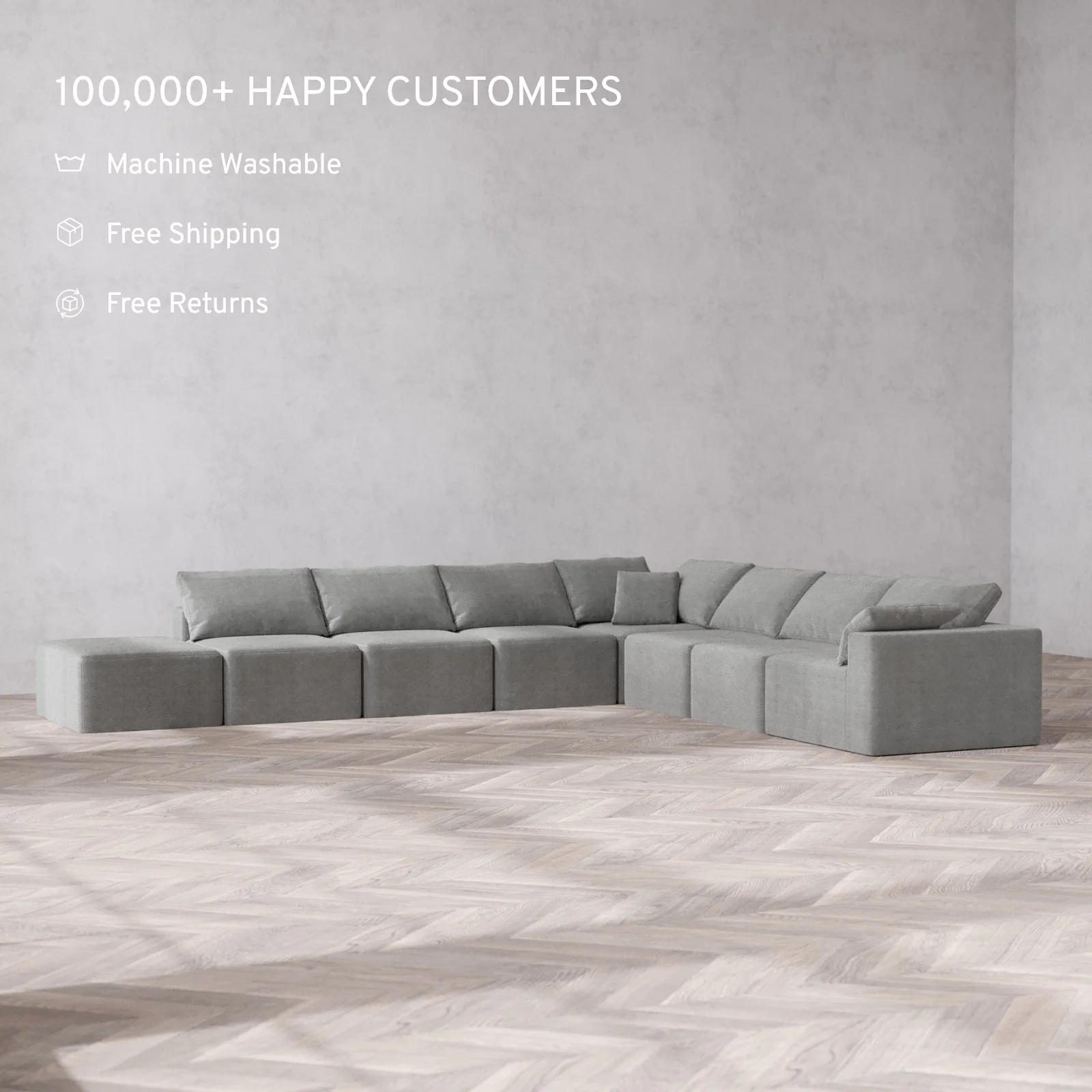 Slipcover Only - Modular Washable 8-Seater Open End Corner Sectional Cloud Sofa in Slate | Right-Facing Arm - Image 2