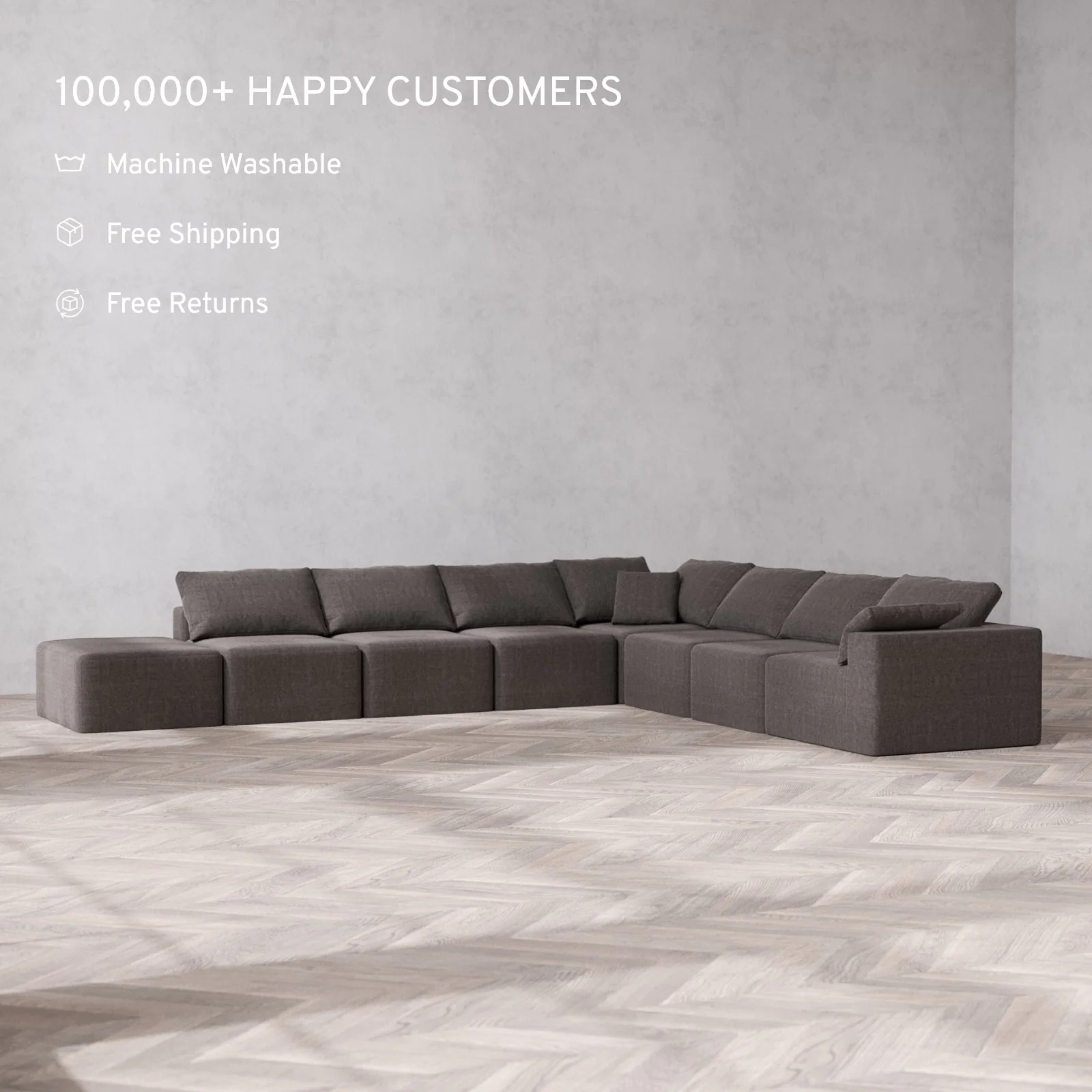 Slipcover Only - Modular Washable 8-Seater Open End Corner Sectional Cloud Sofa in Truffle | Right-Facing Arm - Image 2